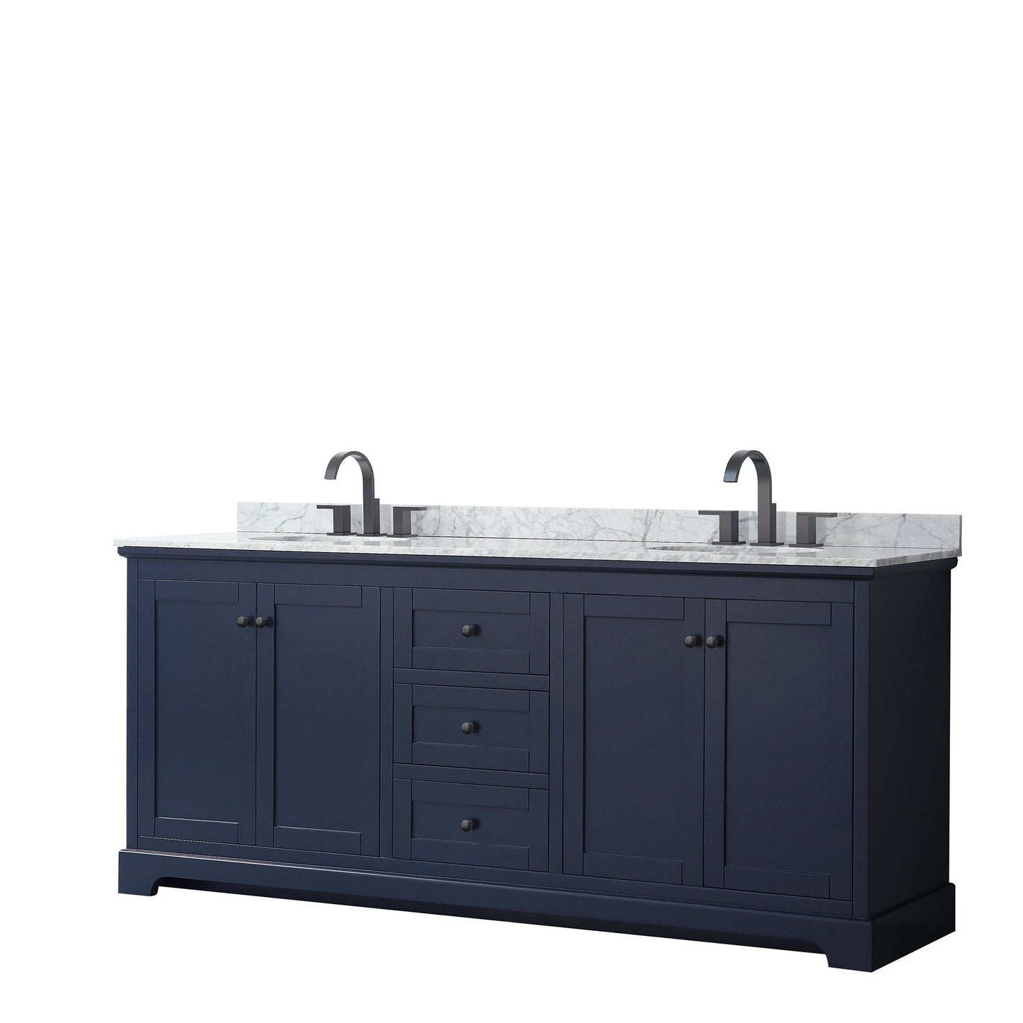 Wyndham Collection Avery 80" Double Bathroom Vanity in Dark Blue, White Carrara Marble Countertop, Undermount Oval Sinks, Matte Black Trim