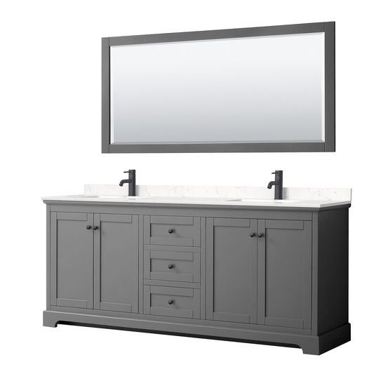 Wyndham Collection Avery 80" Double Bathroom Vanity in Dark Gray, Carrara Cultured Marble Countertop, Undermount Square Sinks, Matte Black Trim, 70" Mirror