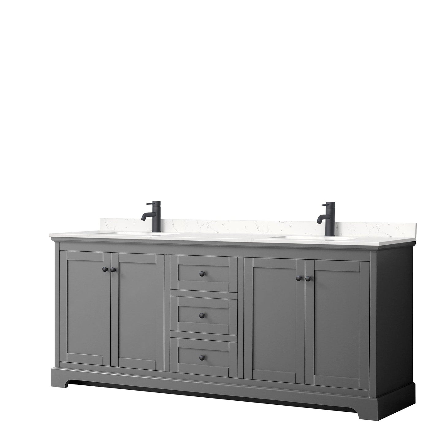 Wyndham Collection Avery 80" Double Bathroom Vanity in Dark Gray, Carrara Cultured Marble Countertop, Undermount Square Sinks, Matte Black Trim