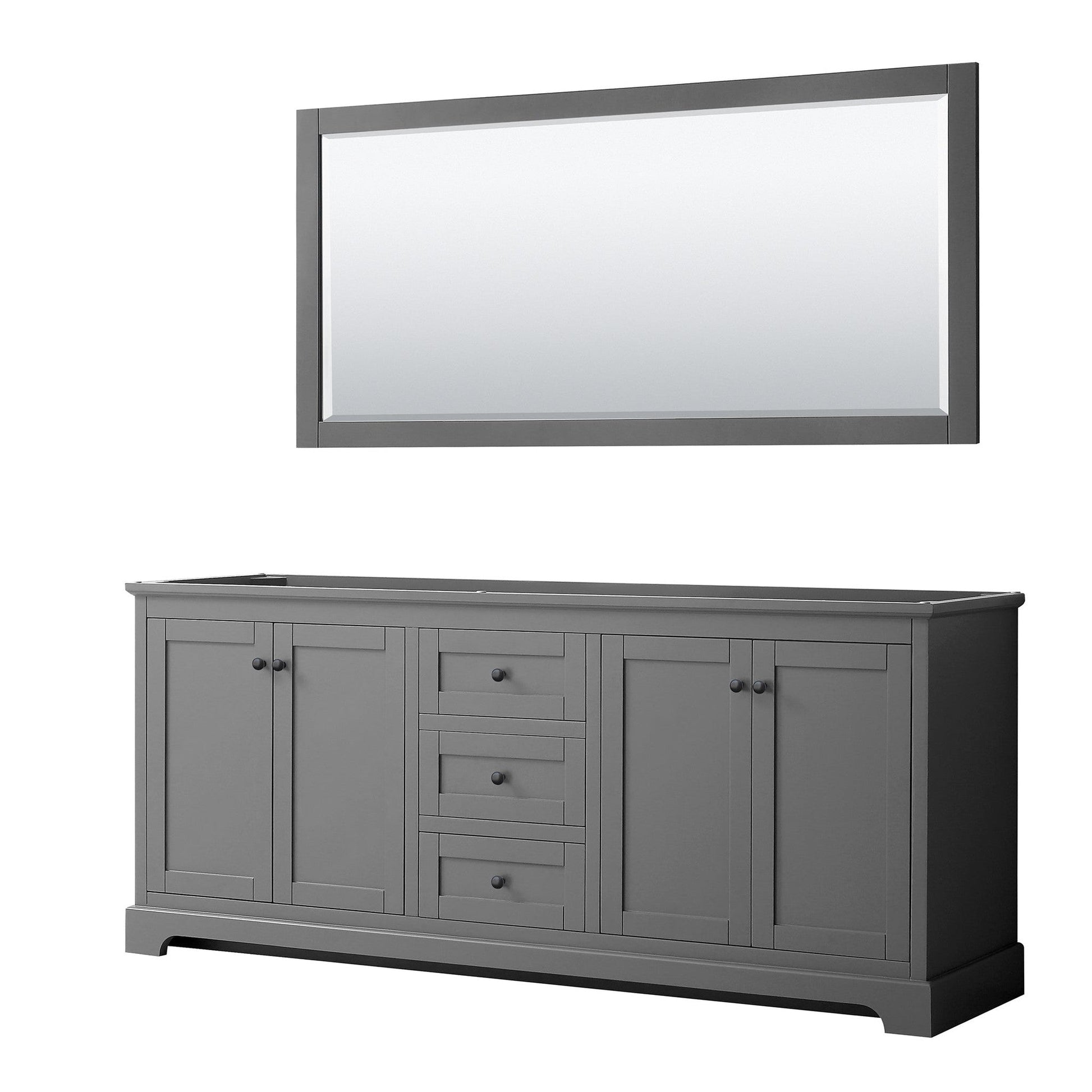 Wyndham Collection Avery 80" Double Bathroom Vanity in Dark Gray, No Countertop, No Sinks, Matte Black Trim, 70" Mirror