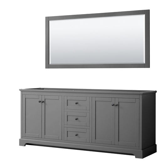 Wyndham Collection Avery 80" Double Bathroom Vanity in Dark Gray, No Countertop, No Sinks, Matte Black Trim, 70" Mirror