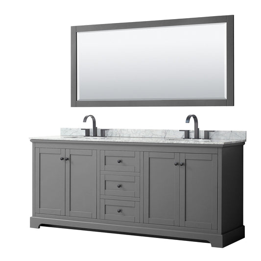 Wyndham Collection Avery 80" Double Bathroom Vanity in Dark Gray, White Carrara Marble Countertop, Undermount Oval Sinks, Matte Black Trim, 70" Mirror