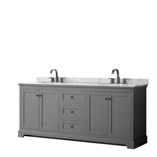 Wyndham Collection Avery 80" Double Bathroom Vanity in Dark Gray, White Carrara Marble Countertop, Undermount Oval Sinks, Matte Black Trim