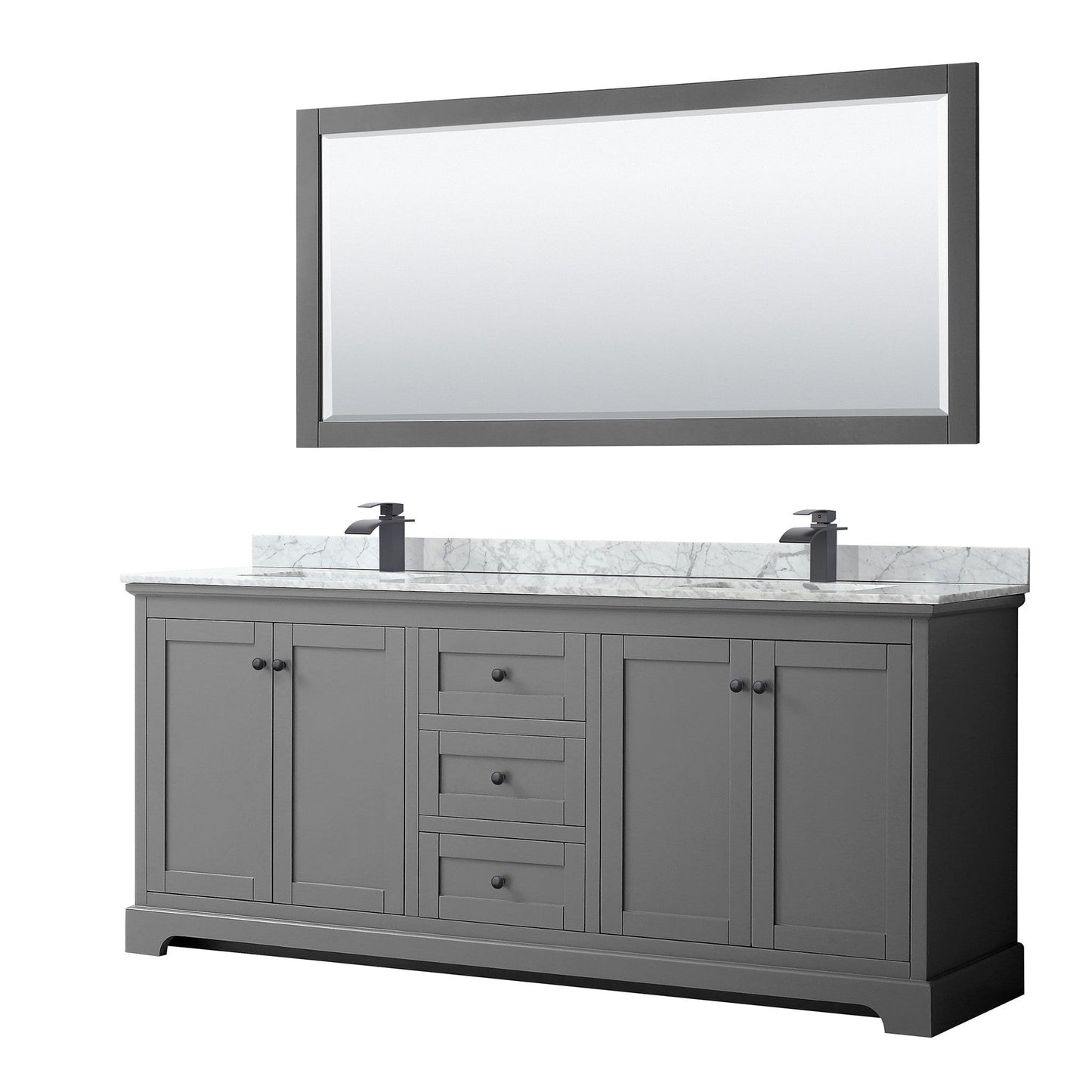 Wyndham Collection Avery 80" Double Bathroom Vanity in Dark Gray, White Carrara Marble Countertop, Undermount Square Sinks, Matte Black Trim, 70" Mirror