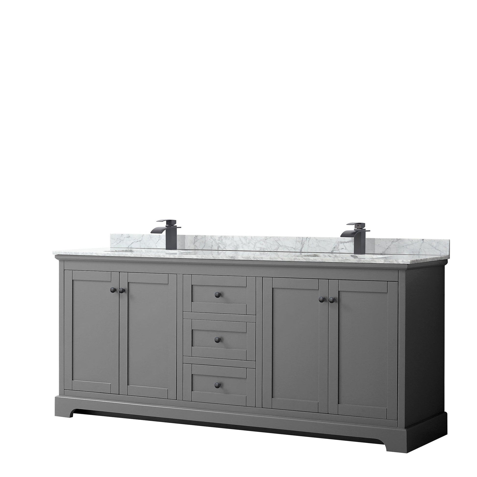 Wyndham Collection Avery 80" Double Bathroom Vanity in Dark Gray, White Carrara Marble Countertop, Undermount Square Sinks, Matte Black Trim