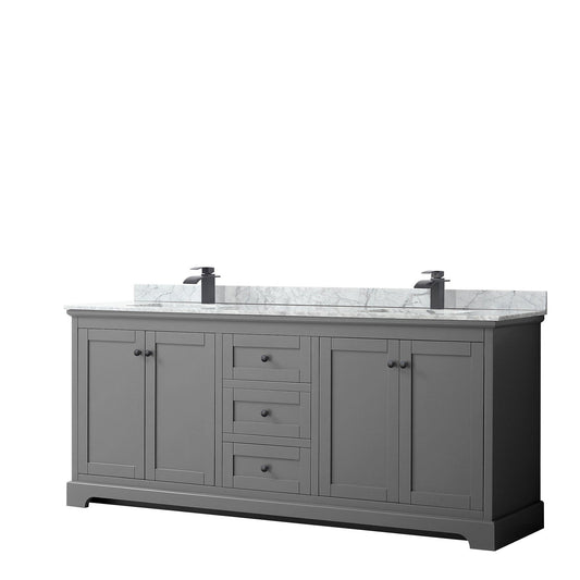 Wyndham Collection Avery 80" Double Bathroom Vanity in Dark Gray, White Carrara Marble Countertop, Undermount Square Sinks, Matte Black Trim
