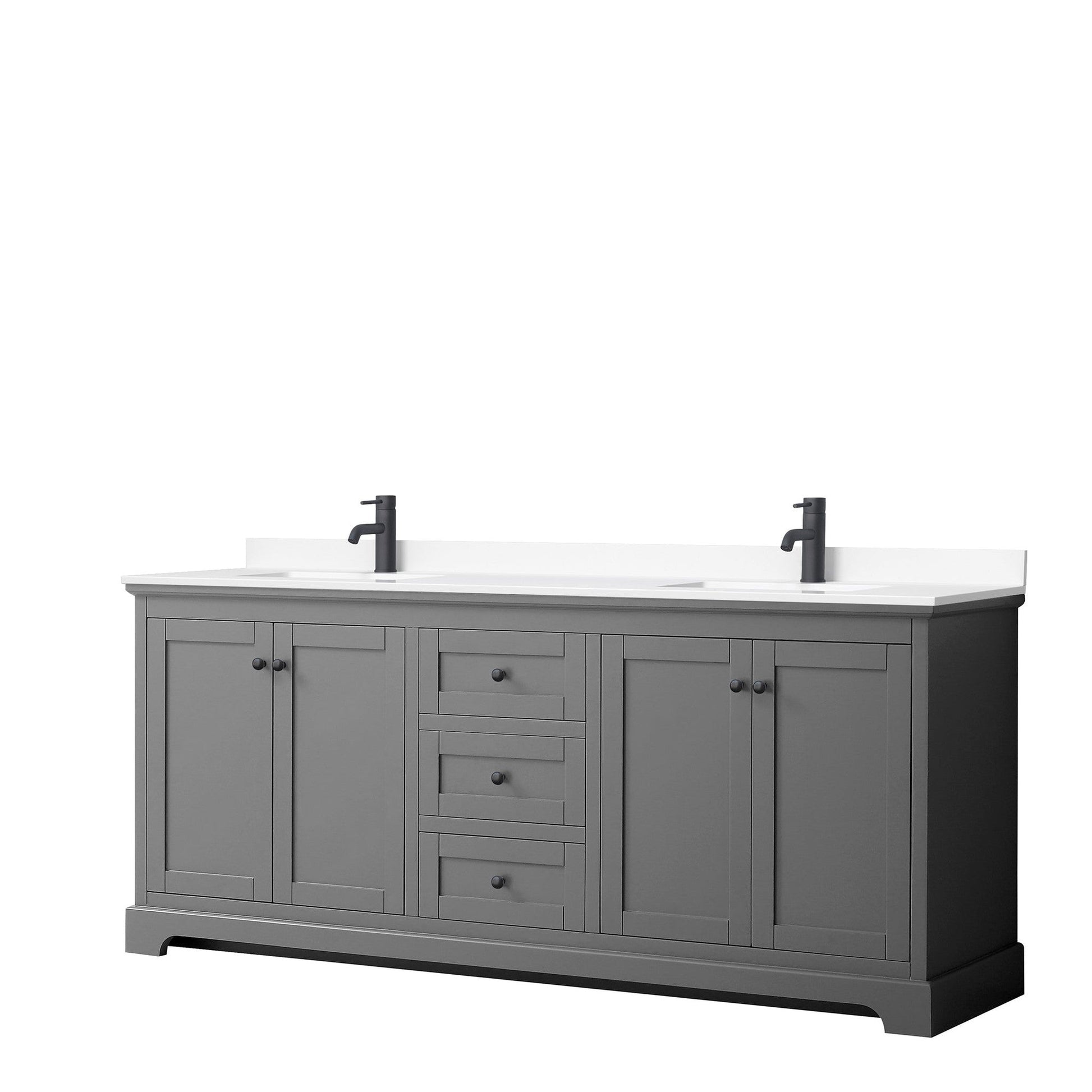 Wyndham Collection Avery 80" Double Bathroom Vanity in Dark Gray, White Cultured Marble Countertop, Undermount Square Sinks, Matte Black Trim