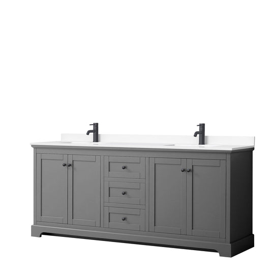 Wyndham Collection Avery 80" Double Bathroom Vanity in Dark Gray, White Cultured Marble Countertop, Undermount Square Sinks, Matte Black Trim