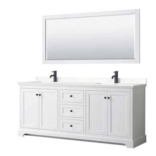 Wyndham Collection Avery 80" Double Bathroom Vanity in White, Carrara Cultured Marble Countertop, Undermount Square Sinks, Matte Black Trim, 70" Mirror