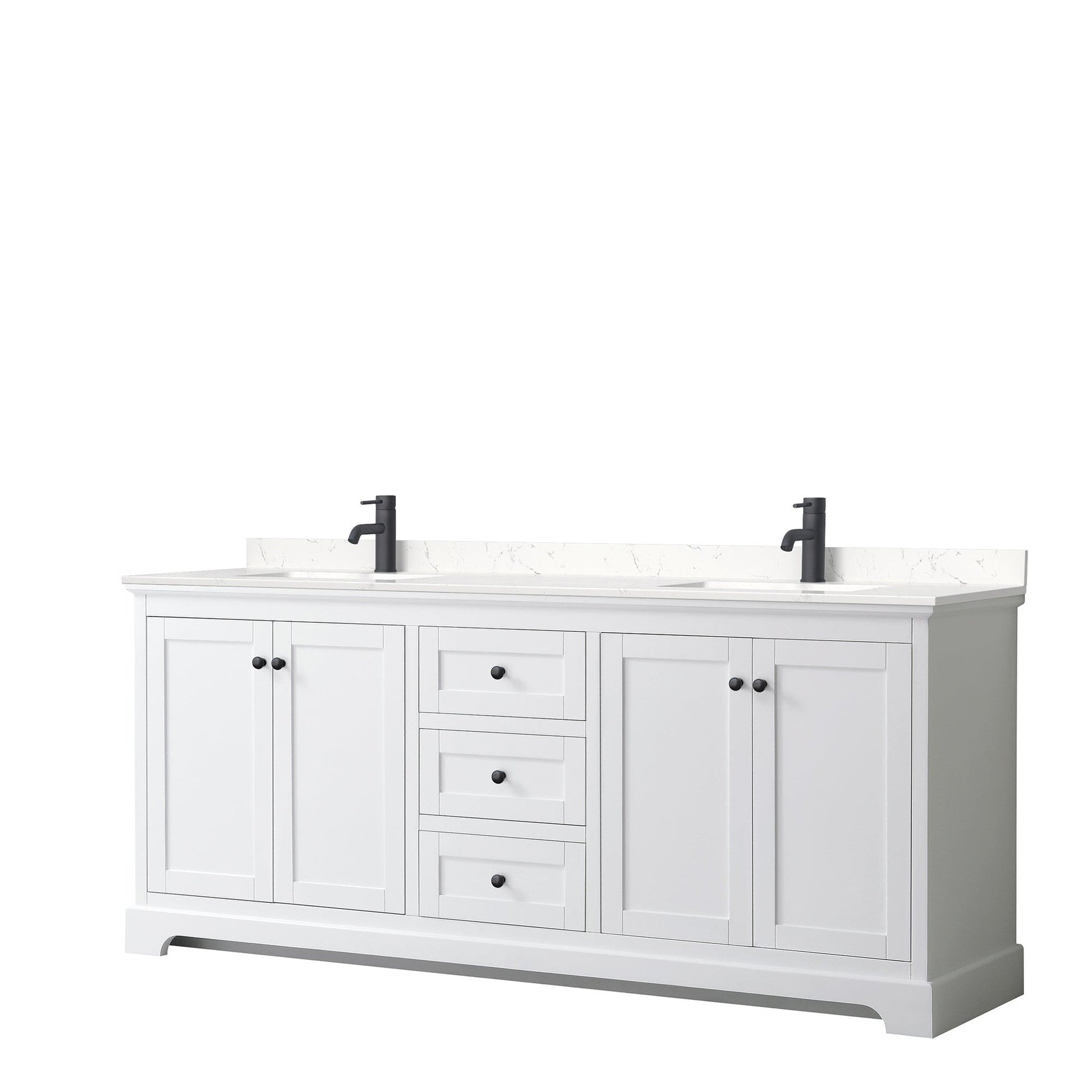 Wyndham Collection Avery 80" Double Bathroom Vanity in White, Carrara Cultured Marble Countertop, Undermount Square Sinks, Matte Black Trim