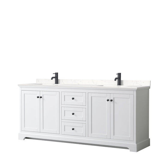 Wyndham Collection Avery 80" Double Bathroom Vanity in White, Carrara Cultured Marble Countertop, Undermount Square Sinks, Matte Black Trim