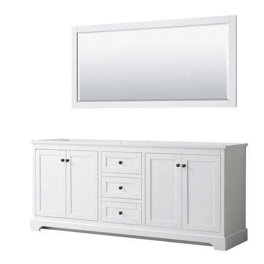 Wyndham Collection Avery 80" Double Bathroom Vanity in White, No Countertop, No Sinks, Matte Black Trim, 70" Mirror