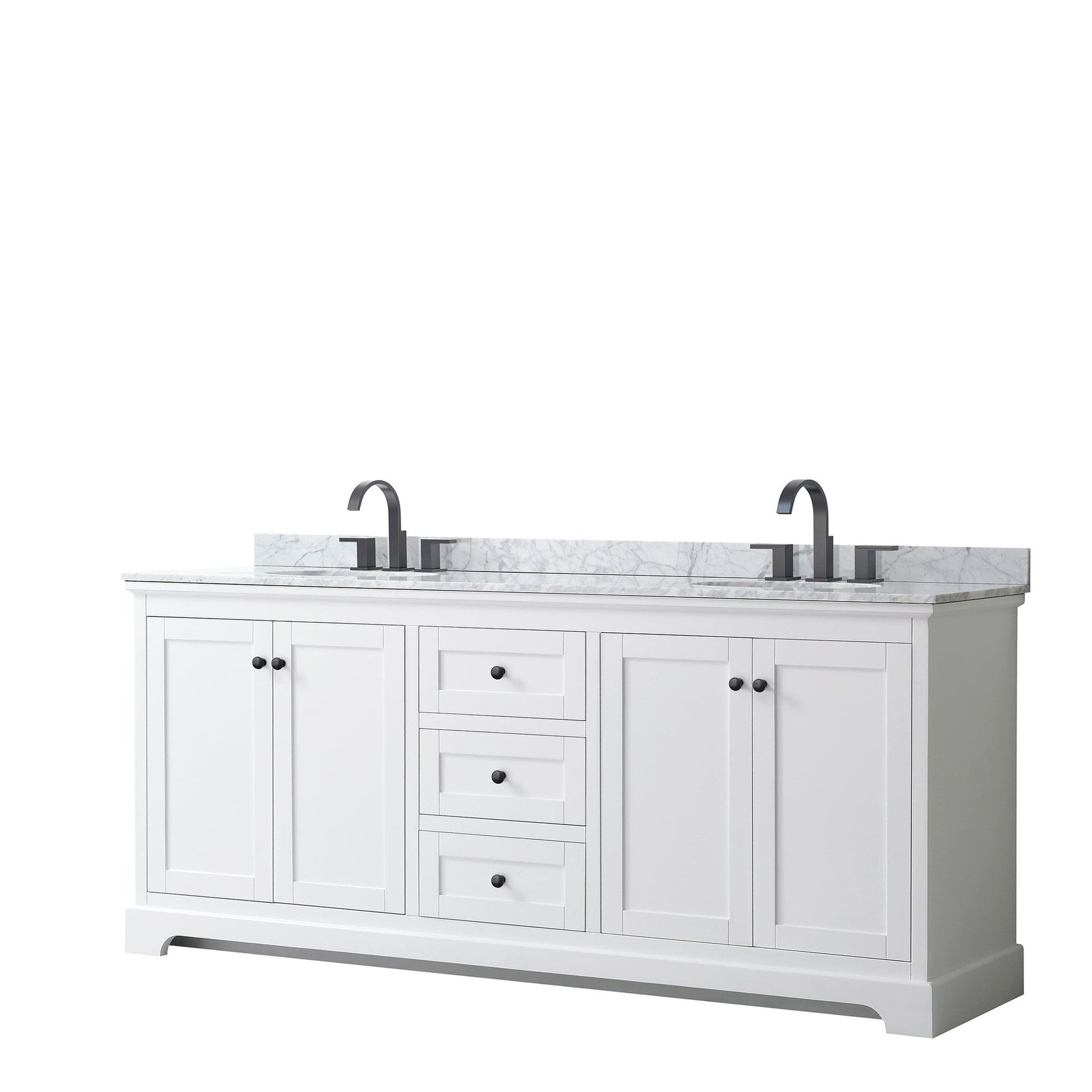 Wyndham Collection Avery 80" Double Bathroom Vanity in White, White Carrara Marble Countertop, Undermount Oval Sinks, Matte Black Trim