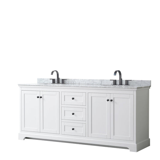 Wyndham Collection Avery 80" Double Bathroom Vanity in White, White Carrara Marble Countertop, Undermount Oval Sinks, Matte Black Trim