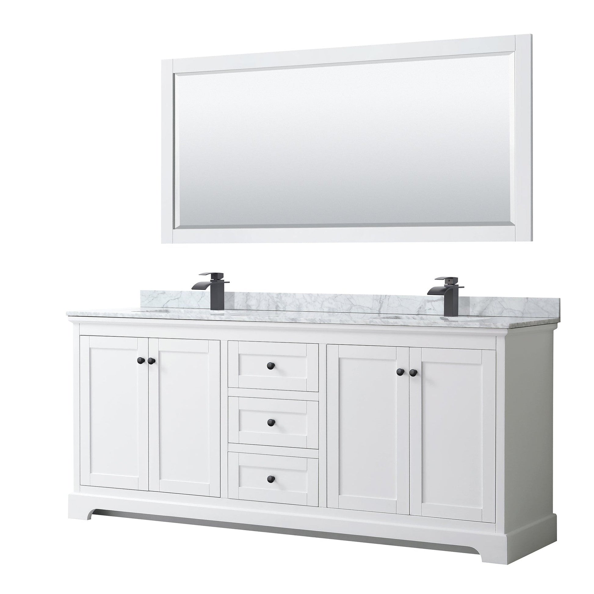 Wyndham Collection Avery 80" Double Bathroom Vanity in White, White Carrara Marble Countertop, Undermount Square Sinks, Matte Black Trim, 70" Mirror