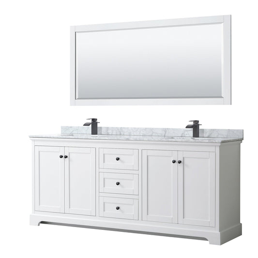 Wyndham Collection Avery 80" Double Bathroom Vanity in White, White Carrara Marble Countertop, Undermount Square Sinks, Matte Black Trim, 70" Mirror