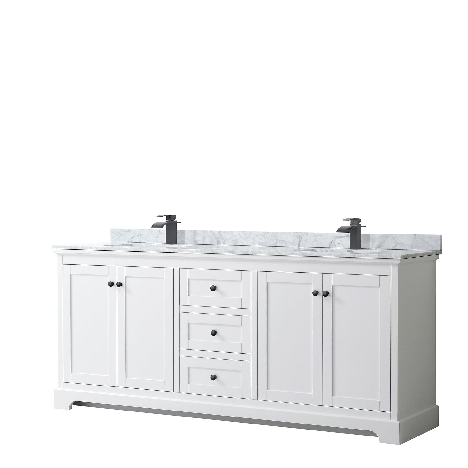 Wyndham Collection Avery 80" Double Bathroom Vanity in White, White Carrara Marble Countertop, Undermount Square Sinks, Matte Black Trim