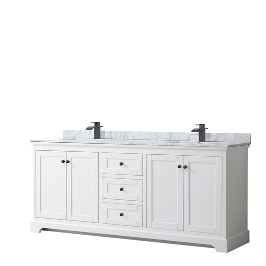 Wyndham Collection Avery 80" Double Bathroom Vanity in White, White Carrara Marble Countertop, Undermount Square Sinks, Matte Black Trim