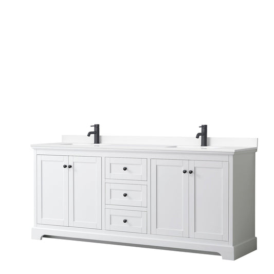 Wyndham Collection Avery 80" Double Bathroom Vanity in White, White Cultured Marble Countertop, Undermount Square Sinks, Matte Black Trim