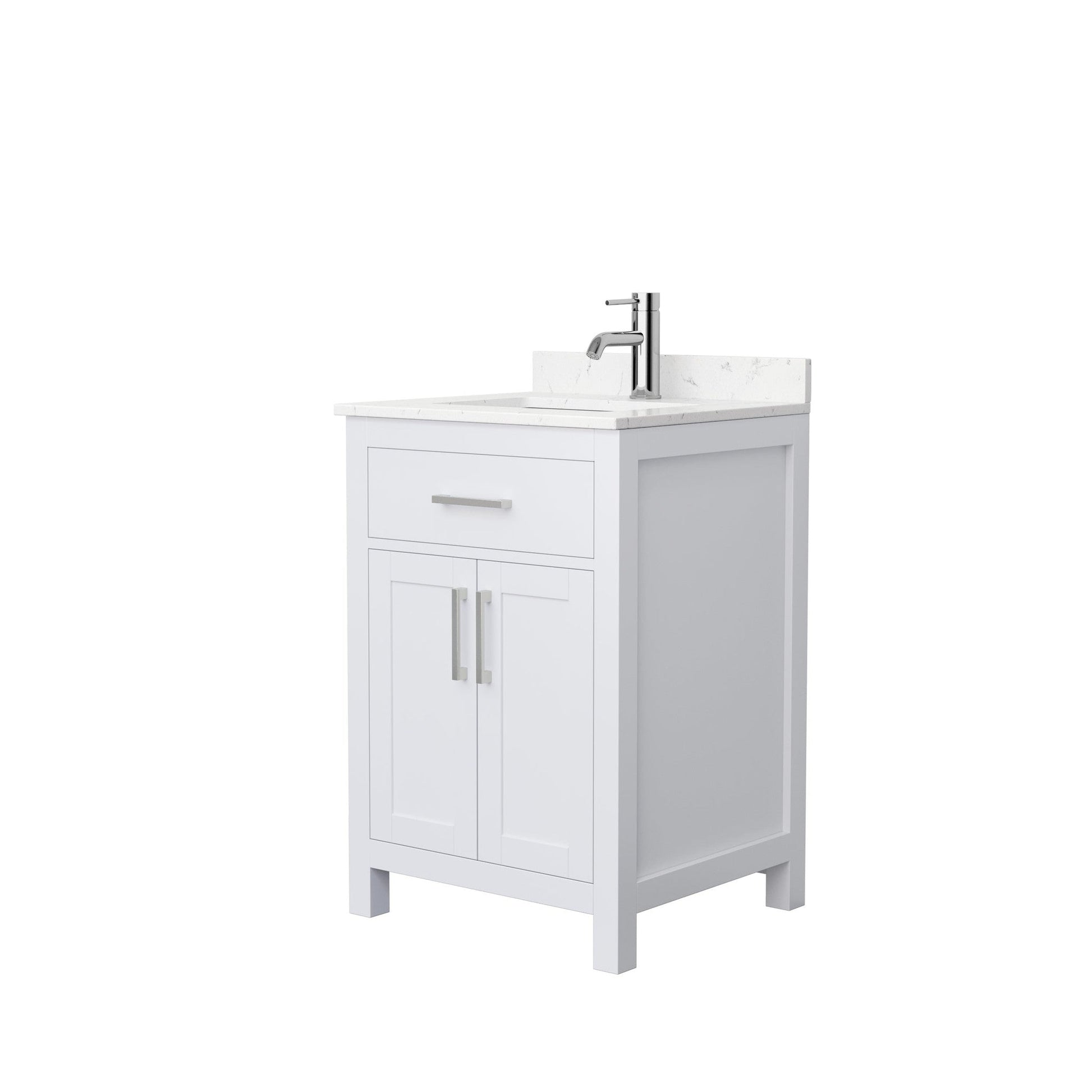 Wyndham Collection Beckett 24" Single Bathroom Vanity in White, Carrara Cultured Marble Countertop, Undermount Square Sink, Brushed Nickel Trim
