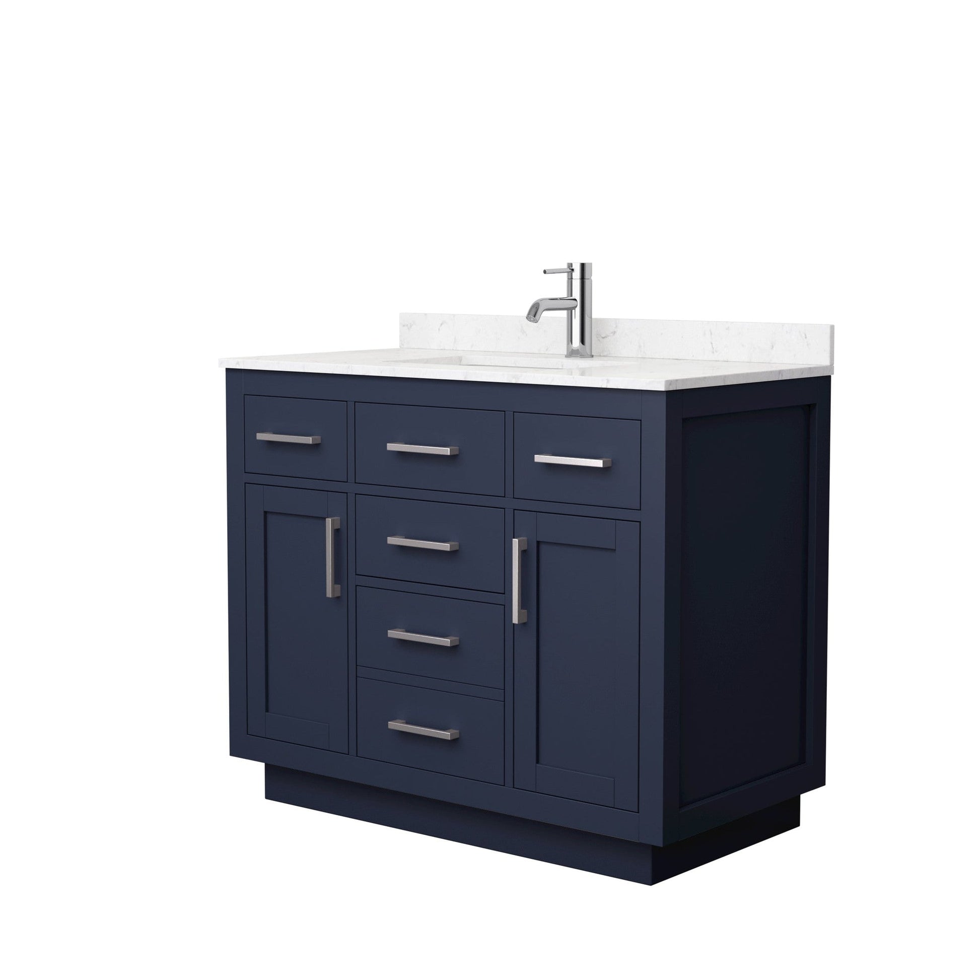 Wyndham Collection Beckett 42" Single Bathroom Vanity With Toe Kick in Dark Blue, Carrara Cultured Marble Countertop, Undermount Square Sink, Brushed Nickel Trim
