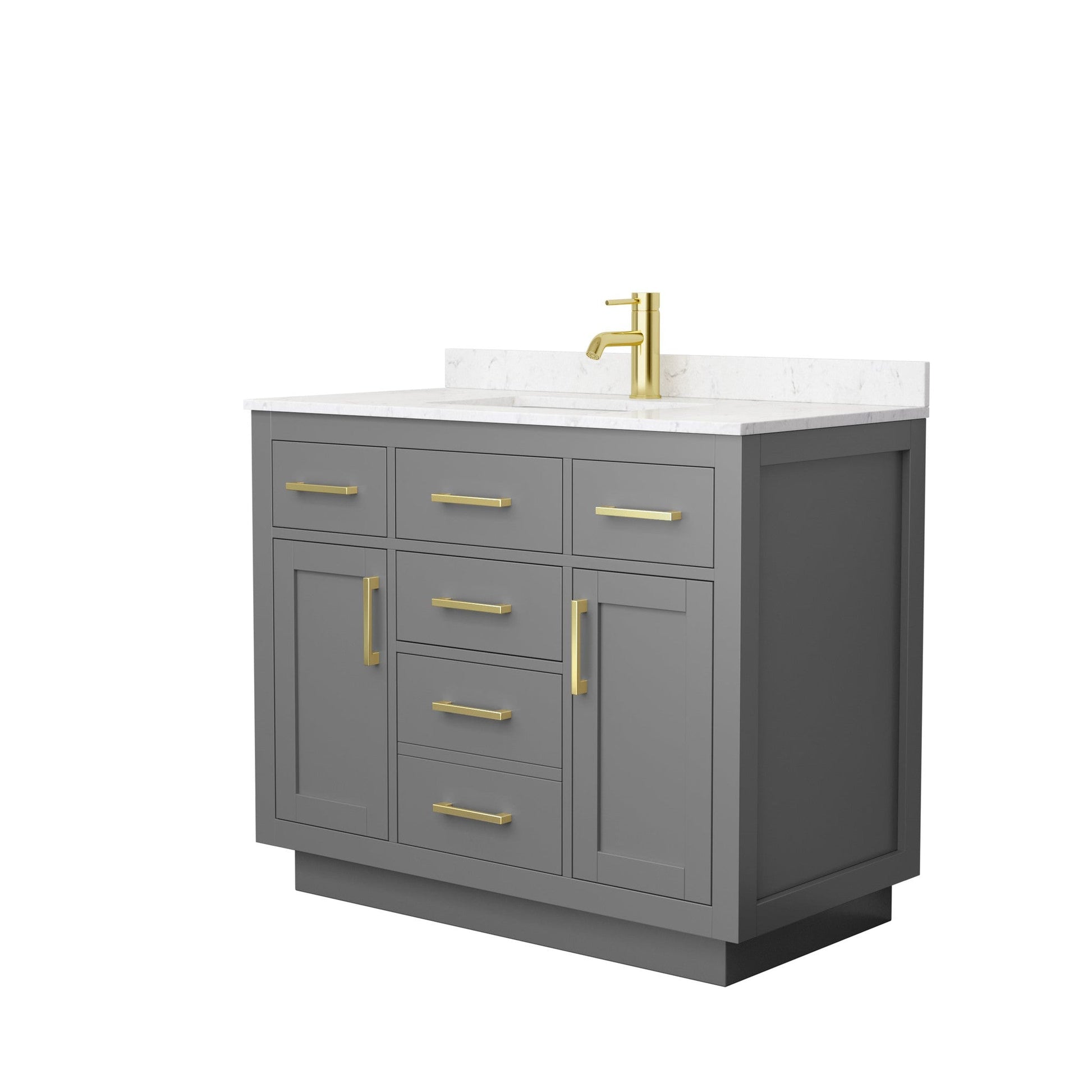 Wyndham Collection Beckett 42" Single Bathroom Vanity With Toe Kick in Dark Gray, Carrara Cultured Marble Countertop, Undermount Square Sink, Brushed Gold Trim
