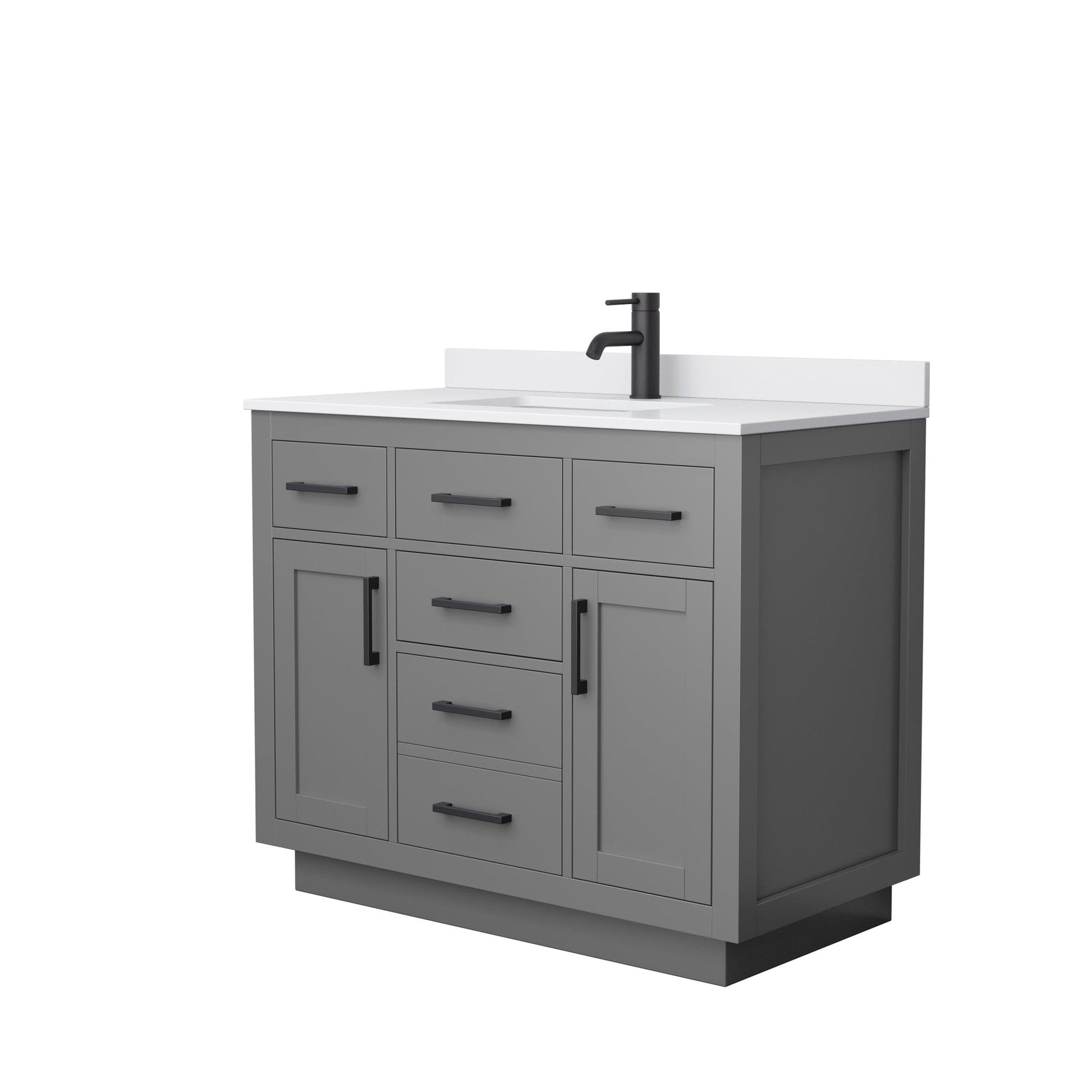 Wyndham Collection Beckett 42" Single Bathroom Vanity With Toe Kick in Dark Gray, White Cultured Marble Countertop, Undermount Square Sink, Matte Black Trim