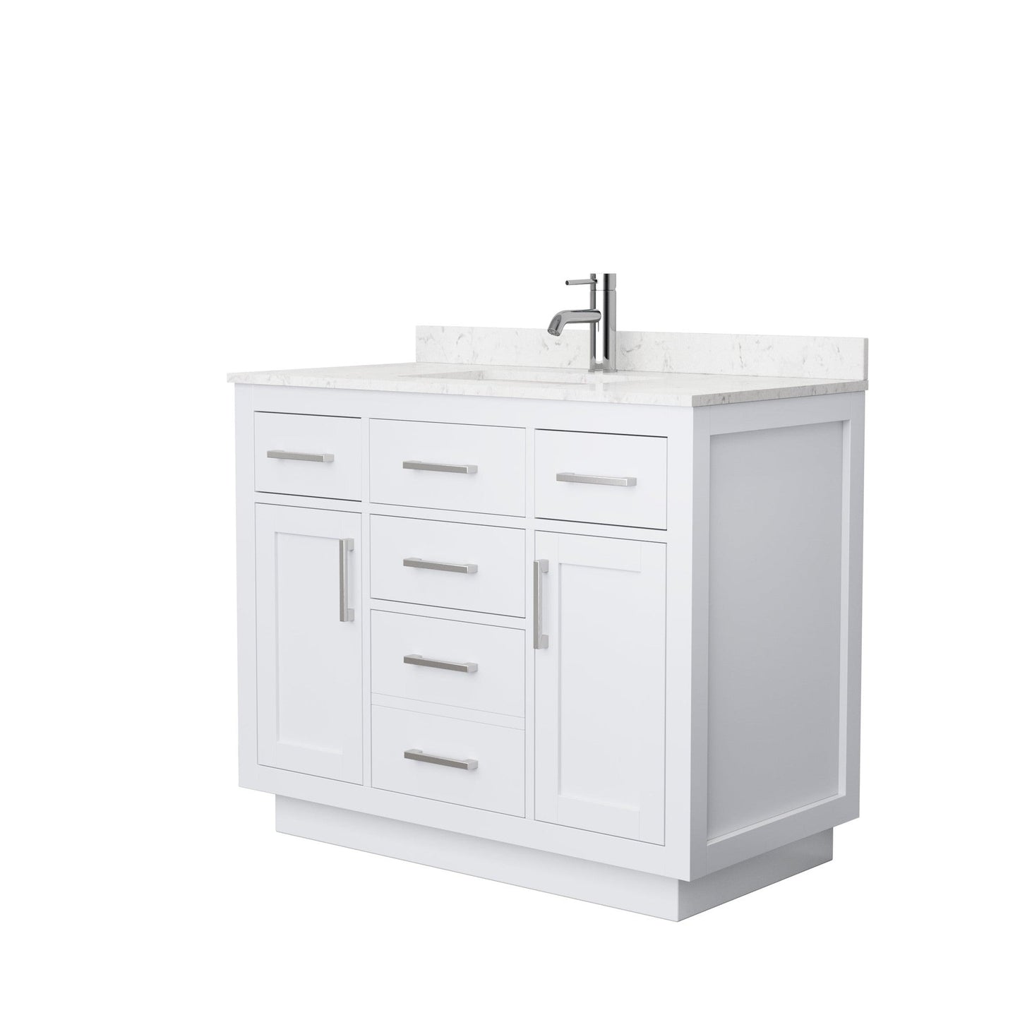 Wyndham Collection Beckett 42" Single Bathroom Vanity With Toe Kick in White, Carrara Cultured Marble Countertop, Undermount Square Sink, Brushed Nickel Trim