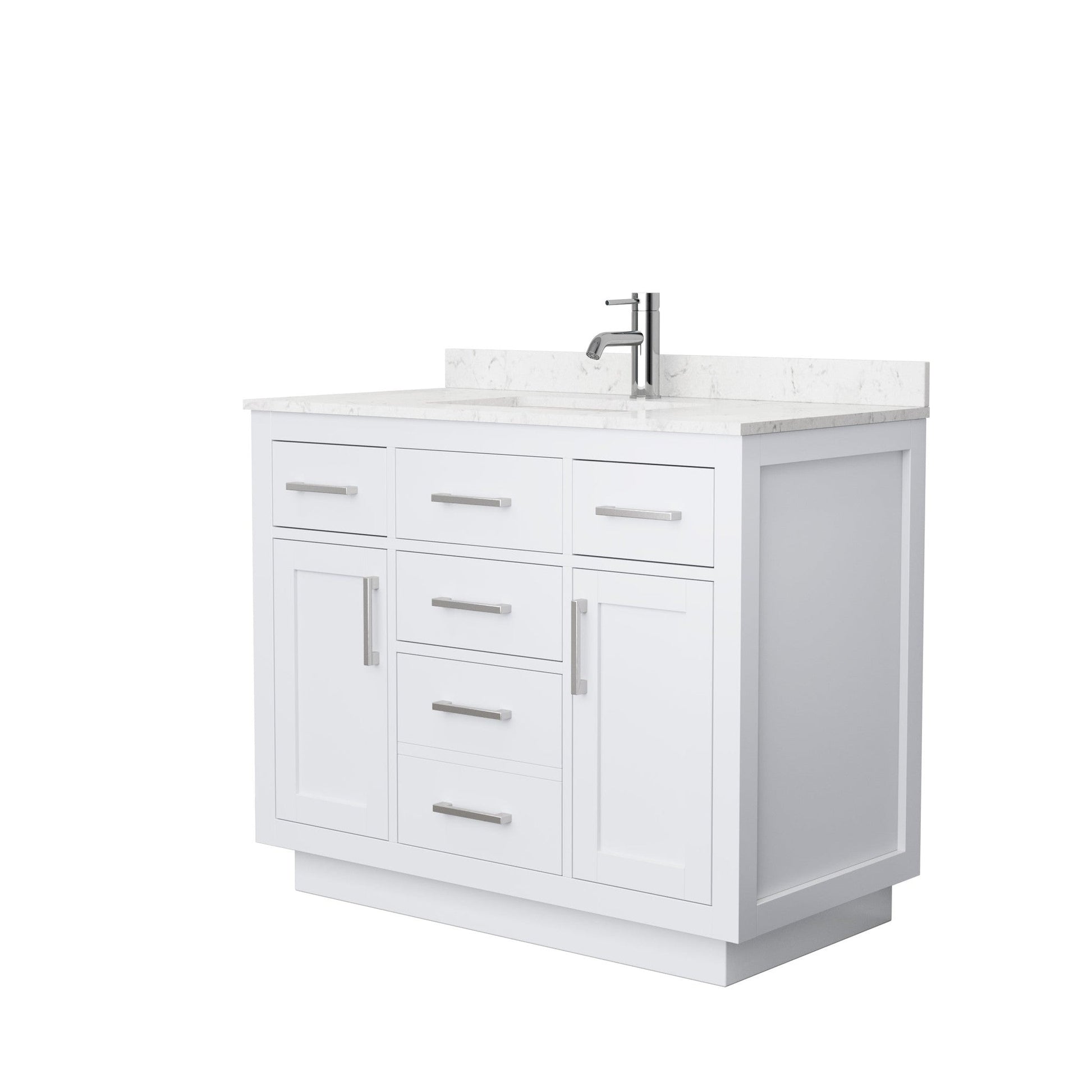 Wyndham Collection Beckett 42" Single Bathroom Vanity With Toe Kick in White, Carrara Cultured Marble Countertop, Undermount Square Sink, Brushed Nickel Trim
