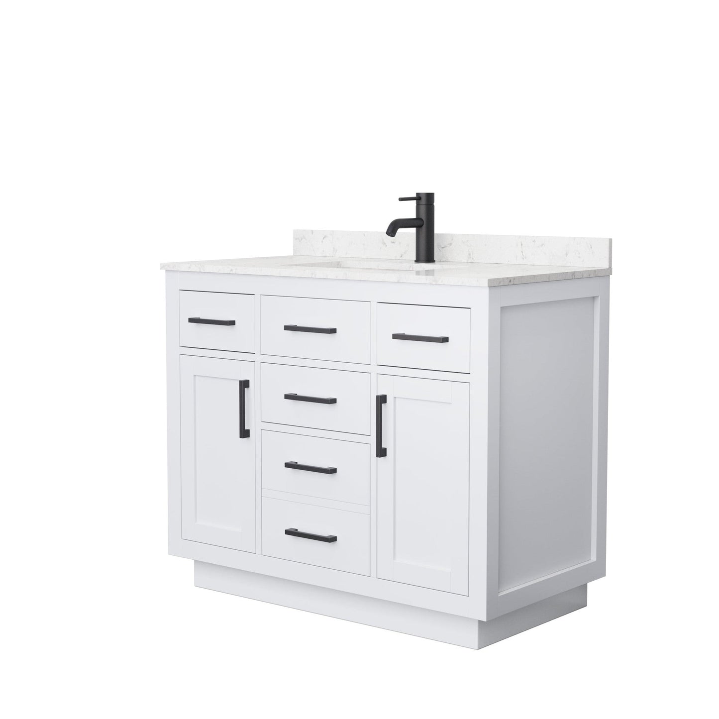 Wyndham Collection Beckett 42" Single Bathroom Vanity With Toe Kick in White, Carrara Cultured Marble Countertop, Undermount Square Sink, Matte Black Trim