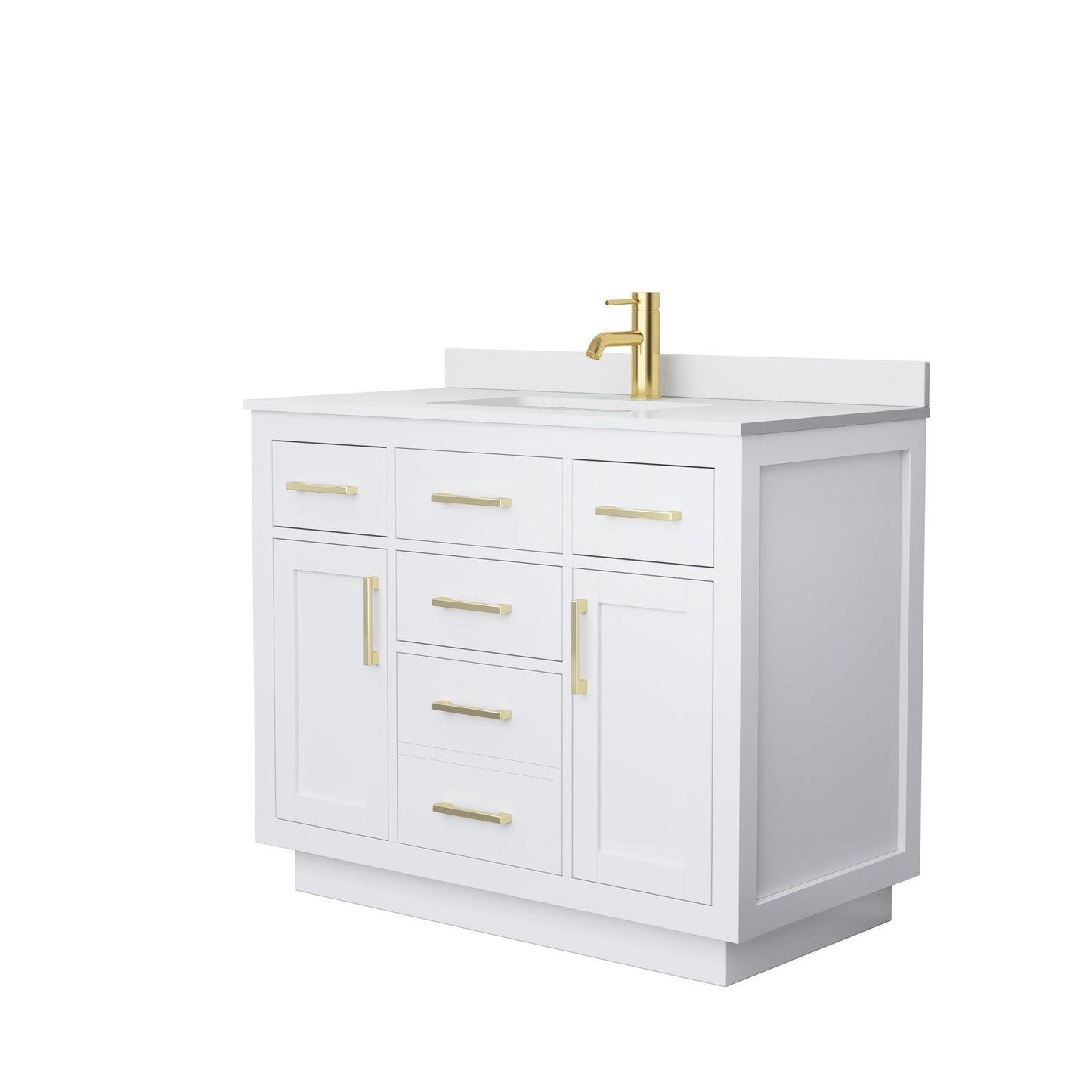 Wyndham Collection Beckett 42" Single Bathroom Vanity With Toe Kick in White, White Cultured Marble Countertop, Undermount Square Sink, Brushed Gold Trim