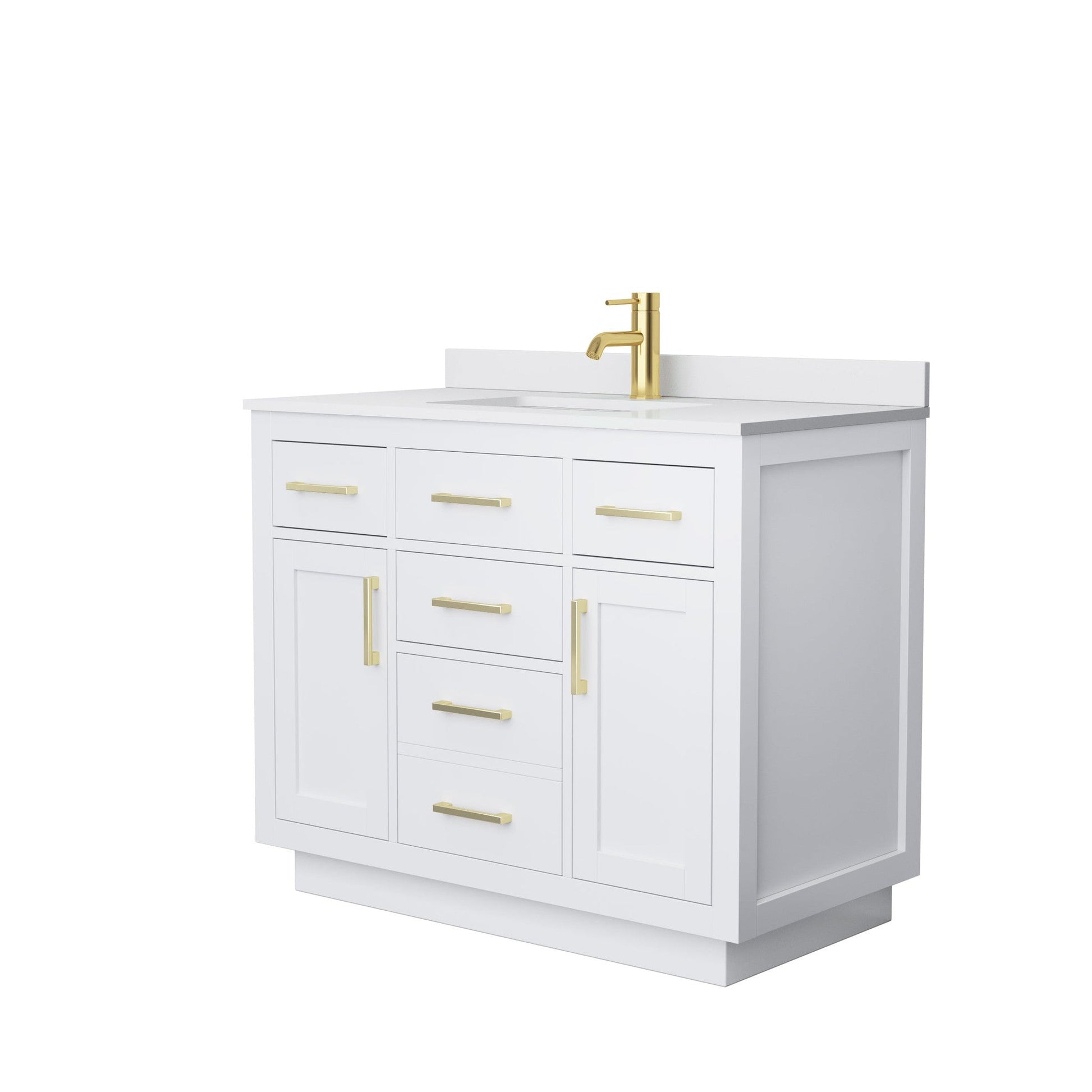 Wyndham Collection Beckett 42" Single Bathroom Vanity With Toe Kick in White, White Cultured Marble Countertop, Undermount Square Sink, Brushed Gold Trim