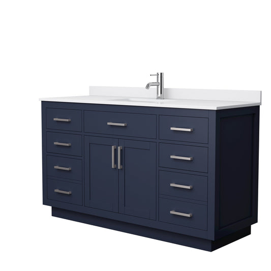 Wyndham Collection Beckett 60" Single Bathroom Vanity With Toe Kick in Dark Blue, White Cultured Marble Countertop, Undermount Square Sink, Brushed Nickel Trim