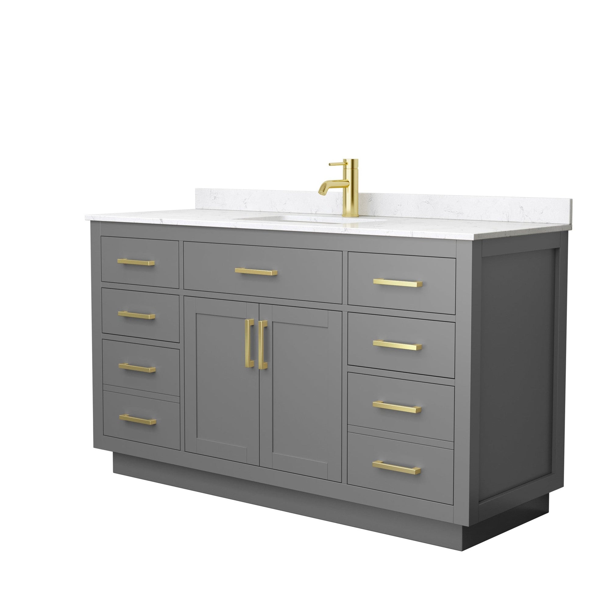 Wyndham Collection Beckett 60" Single Bathroom Vanity With Toe Kick in Dark Gray, Carrara Cultured Marble Countertop, Undermount Square Sink, Brushed Gold Trim