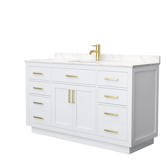Wyndham Collection Beckett 60" Single Bathroom Vanity With Toe Kick in White, Carrara Cultured Marble Countertop, Undermount Square Sink, Brushed Gold Trim