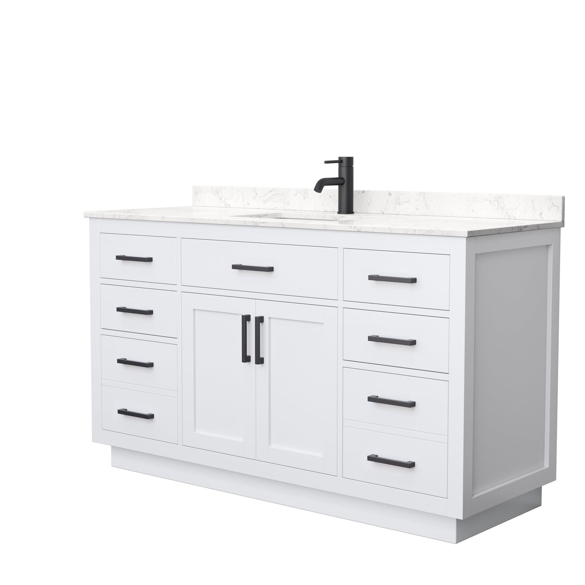Wyndham Collection Beckett 60" Single Bathroom Vanity With Toe Kick in White, Carrara Cultured Marble Countertop, Undermount Square Sink, Matte Black Trim