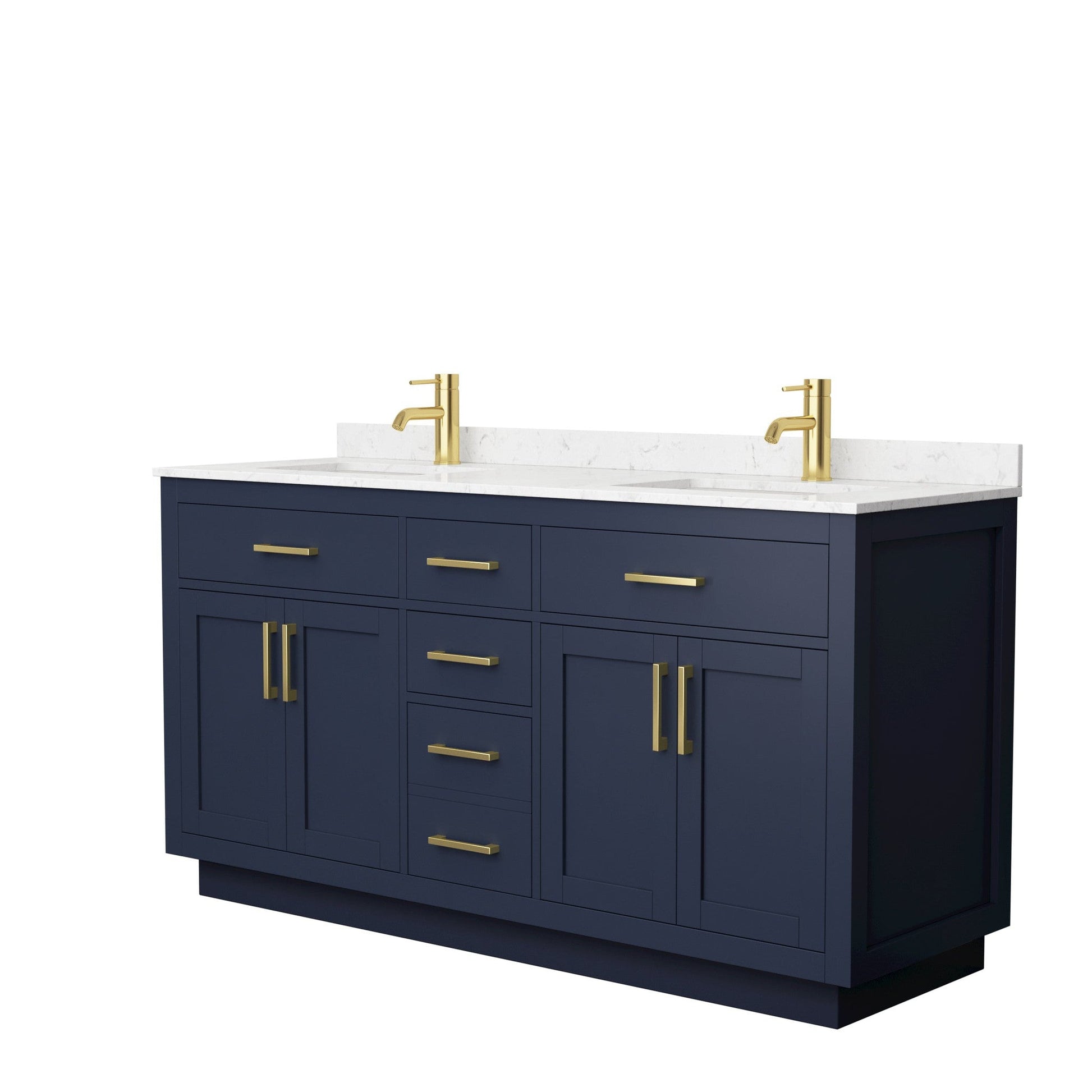 Wyndham Collection Beckett 66" Double Bathroom Vanity With Toe Kick in Dark Blue, Carrara Cultured Marble Countertop, Undermount Square Sinks, Brushed Gold Trim