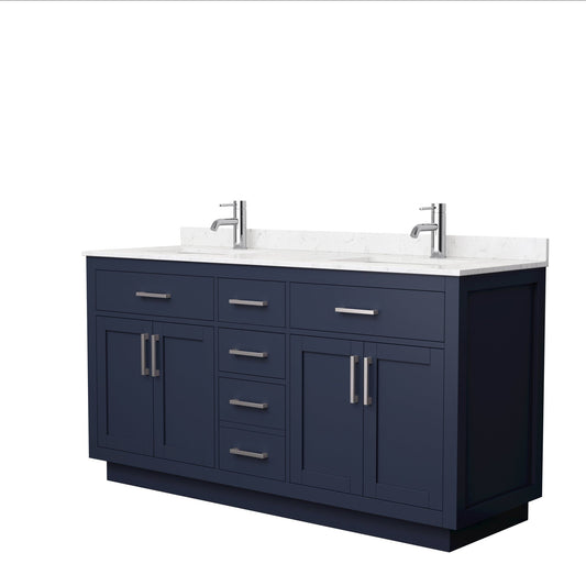 Wyndham Collection Beckett 66" Double Bathroom Vanity With Toe Kick in Dark Blue, Carrara Cultured Marble Countertop, Undermount Square Sinks, Brushed Nickel Trim