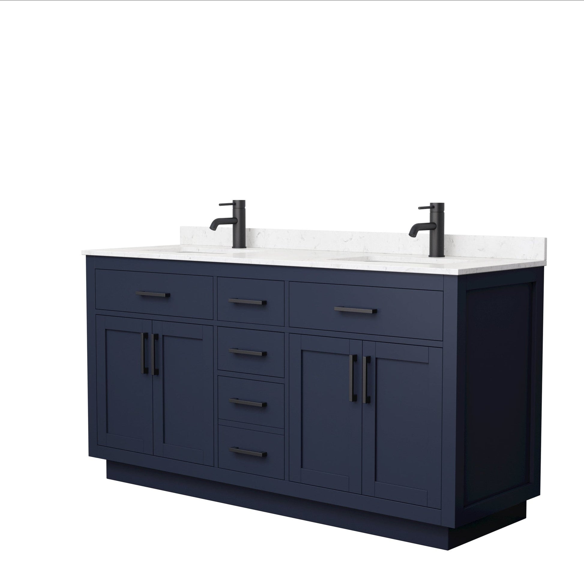 Wyndham Collection Beckett 66" Double Bathroom Vanity With Toe Kick in Dark Blue, Carrara Cultured Marble Countertop, Undermount Square Sinks, Matte Black Trim