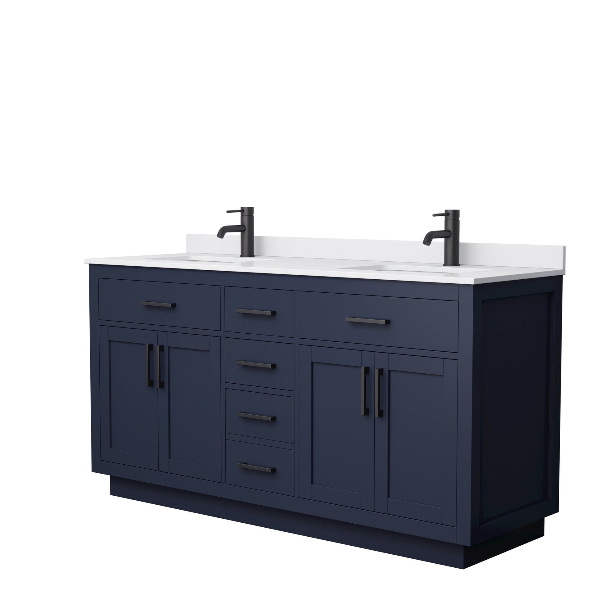 Wyndham Collection Beckett 66" Double Bathroom Vanity With Toe Kick in Dark Blue, White Cultured Marble Countertop, Undermount Square Sinks, Matte Black Trim
