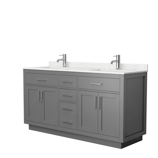 Wyndham Collection Beckett 66" Double Bathroom Vanity With Toe Kick in Dark Gray, Carrara Cultured Marble Countertop, Undermount Square Sinks, Brushed Nickel Trim