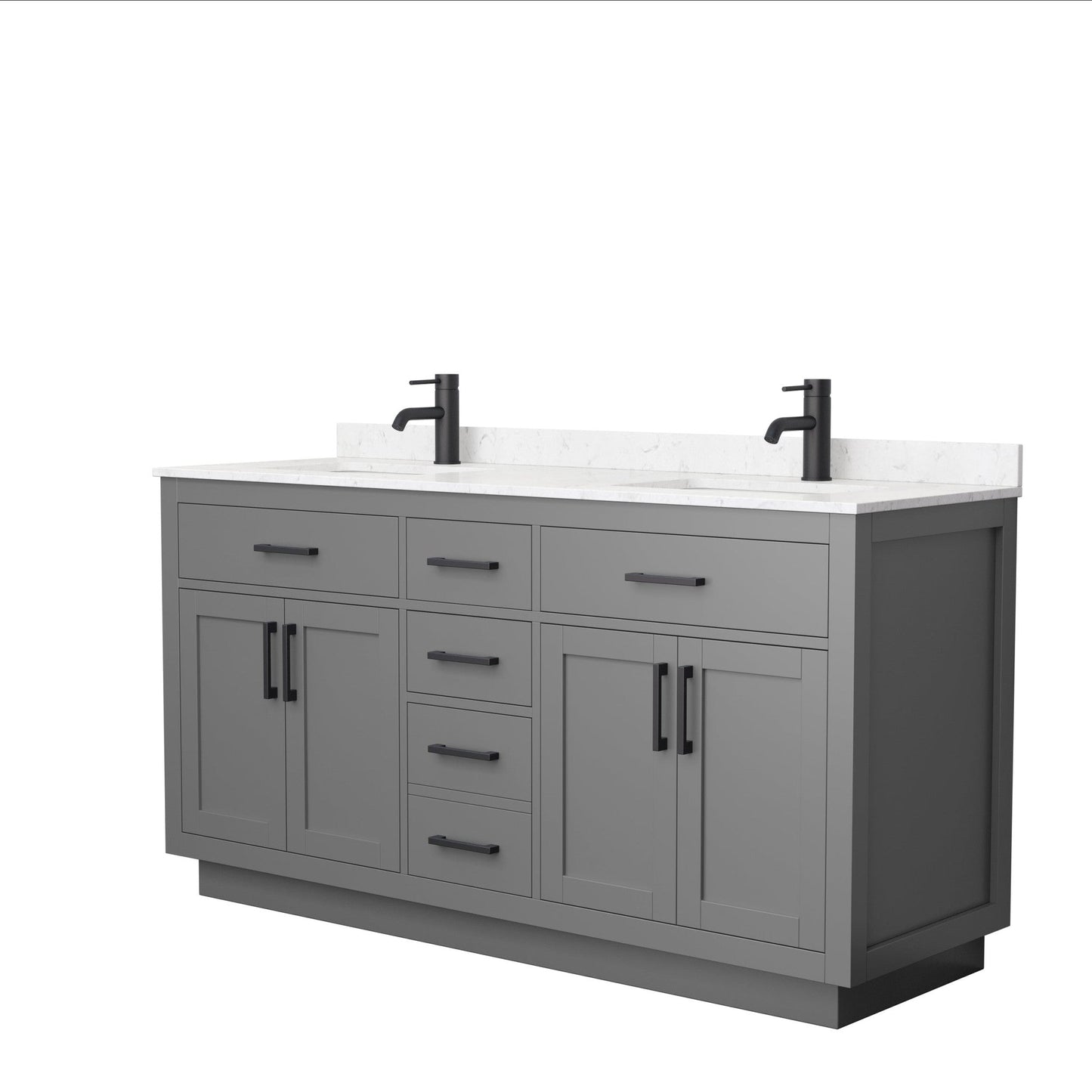 Wyndham Collection Beckett 66" Double Bathroom Vanity With Toe Kick in Dark Gray, Carrara Cultured Marble Countertop, Undermount Square Sinks, Matte Black Trim