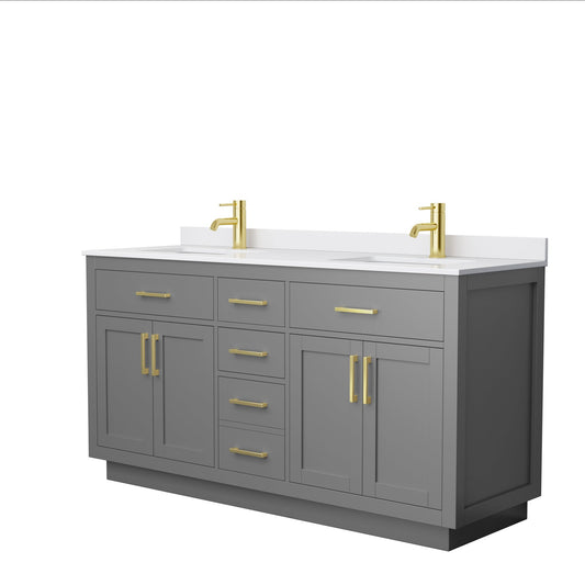 Wyndham Collection Beckett 66" Double Bathroom Vanity With Toe Kick in Dark Gray, White Cultured Marble Countertop, Undermount Square Sinks, Brushed Gold Trim
