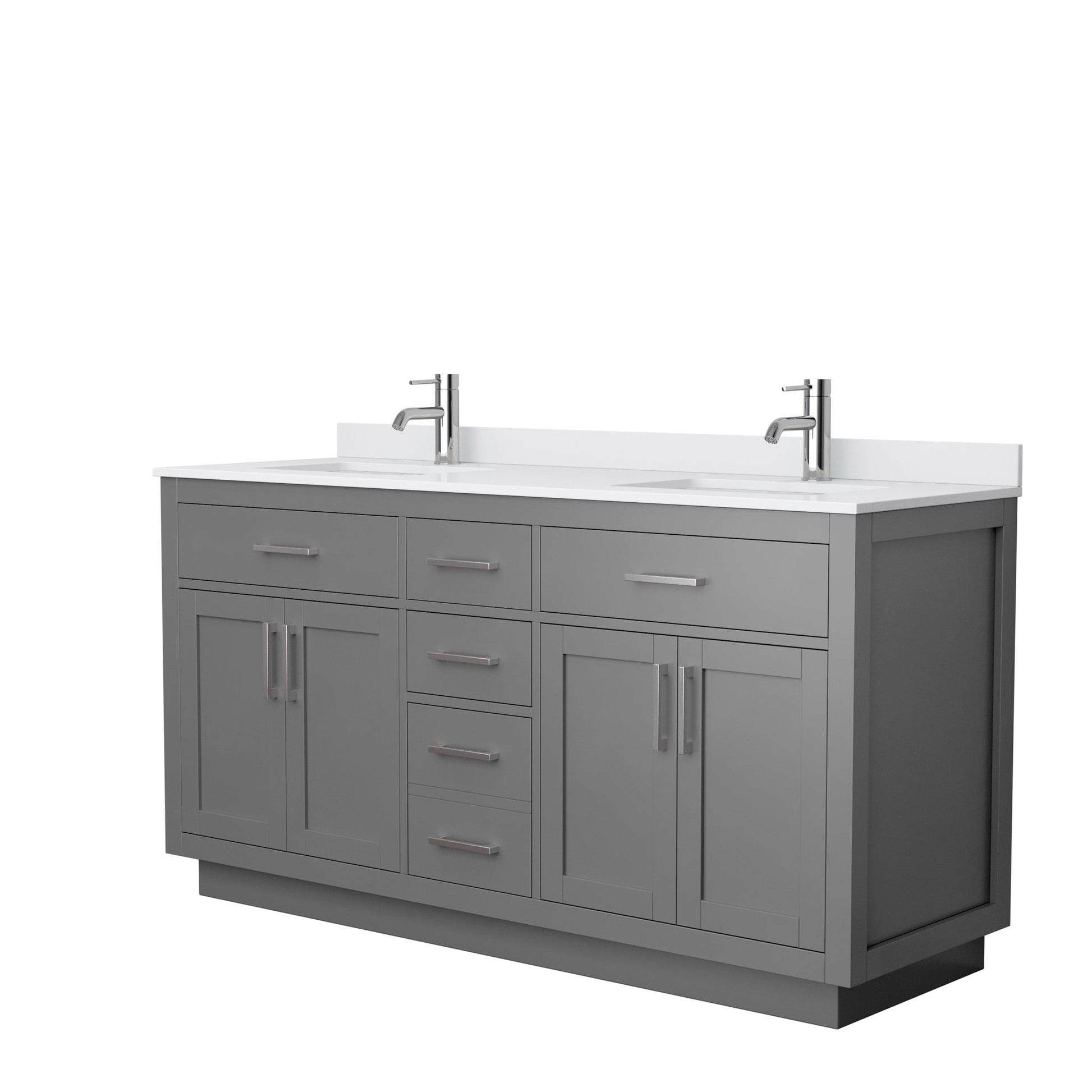 Wyndham Collection Beckett 66" Double Bathroom Vanity With Toe Kick in Dark Gray, White Cultured Marble Countertop, Undermount Square Sinks, Brushed Nickel Trim