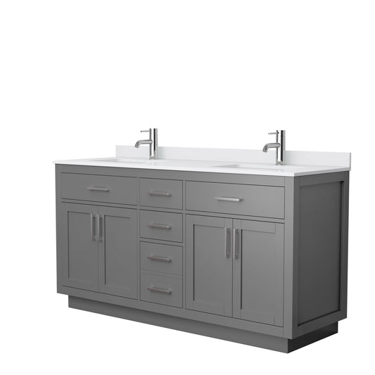 Wyndham Collection Beckett 66" Double Bathroom Vanity With Toe Kick in Dark Gray, White Cultured Marble Countertop, Undermount Square Sinks, Brushed Nickel Trim