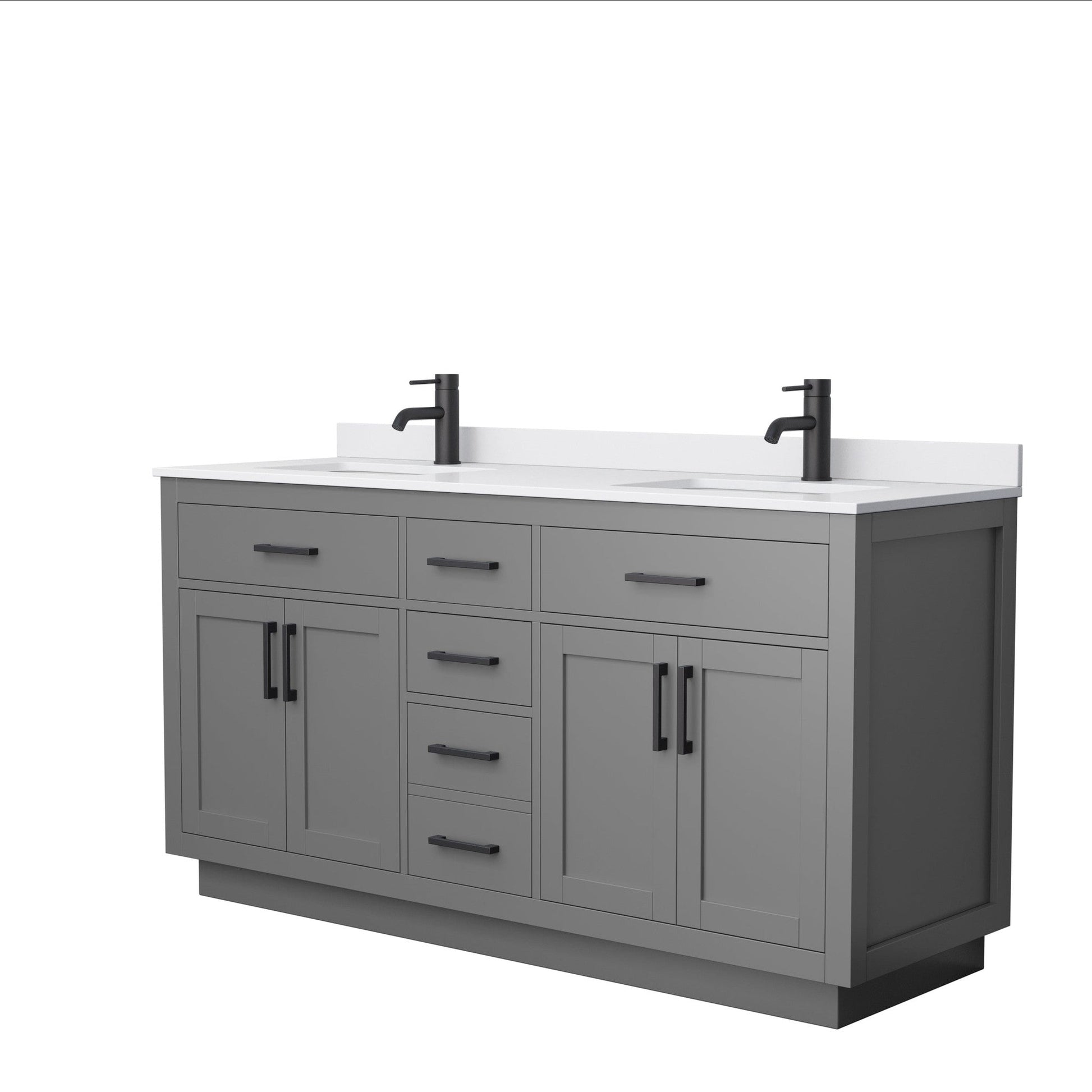 Wyndham Collection Beckett 66" Double Bathroom Vanity With Toe Kick in Dark Gray, White Cultured Marble Countertop, Undermount Square Sinks, Matte Black Trim