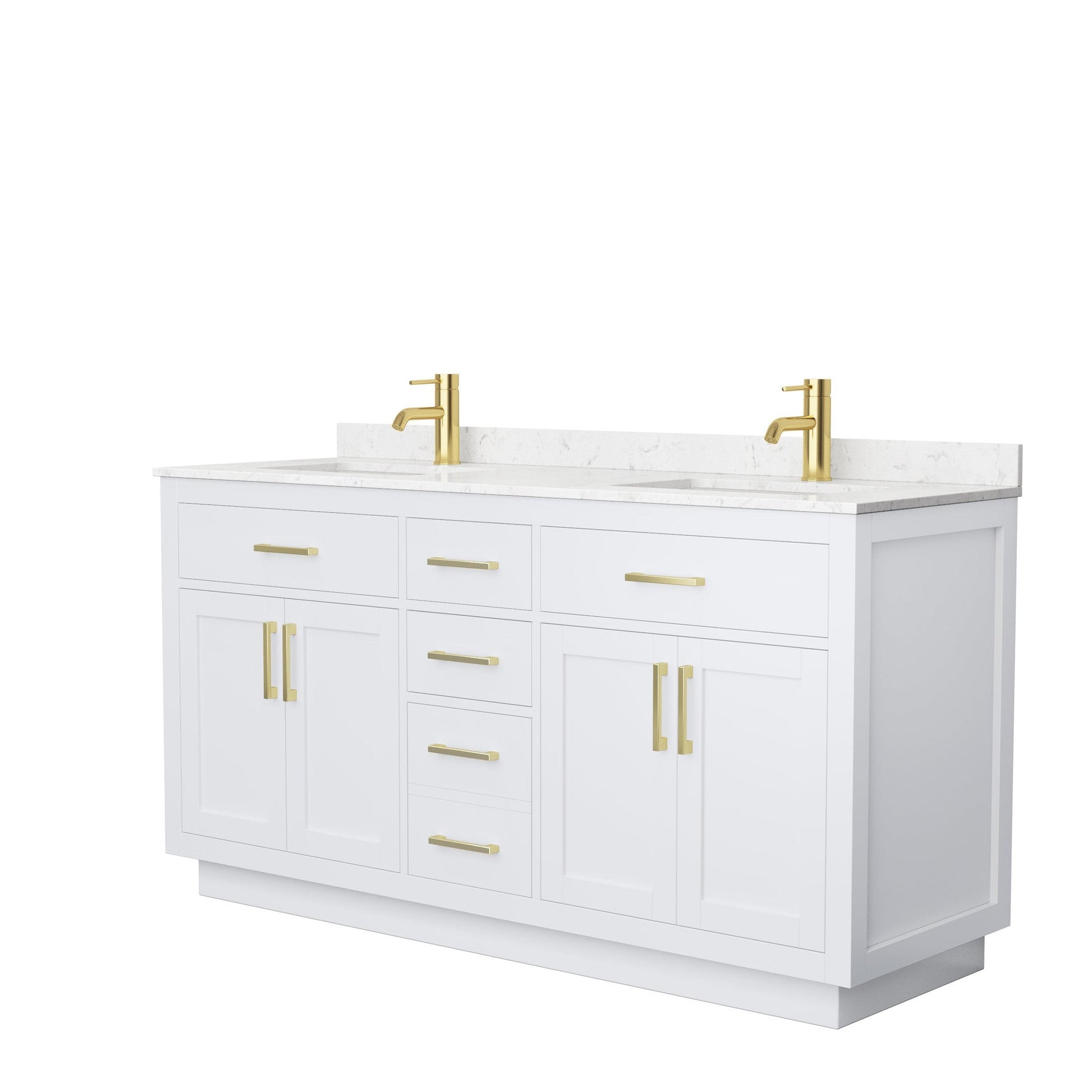 Wyndham Collection Beckett 66" Double Bathroom Vanity With Toe Kick in White, Carrara Cultured Marble Countertop, Undermount Square Sinks, Brushed Gold Trim