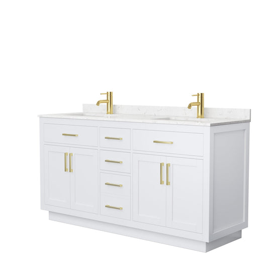 Wyndham Collection Beckett 66" Double Bathroom Vanity With Toe Kick in White, Carrara Cultured Marble Countertop, Undermount Square Sinks, Brushed Gold Trim