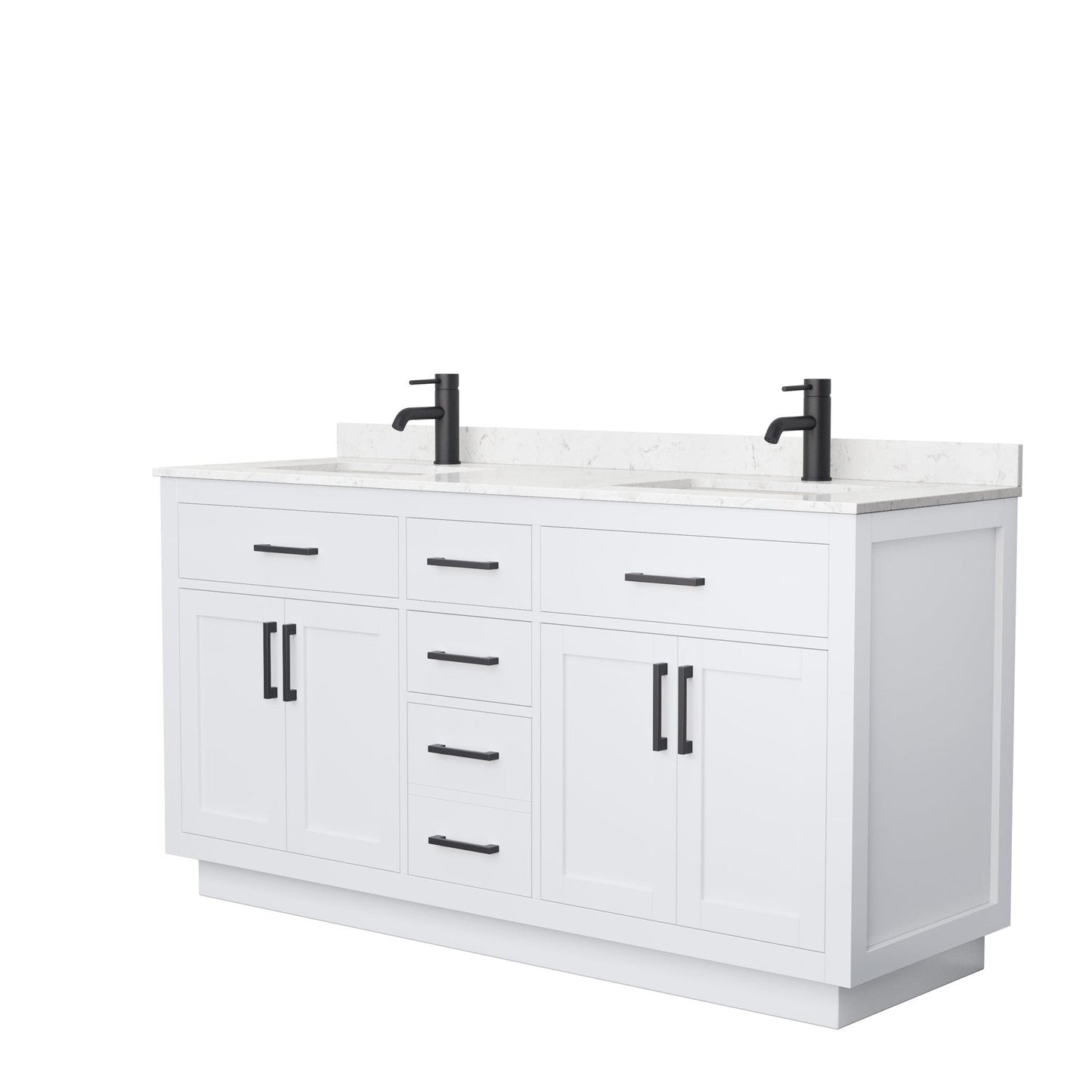 Wyndham Collection Beckett 66" Double Bathroom Vanity With Toe Kick in White, Carrara Cultured Marble Countertop, Undermount Square Sinks, Matte Black Trim