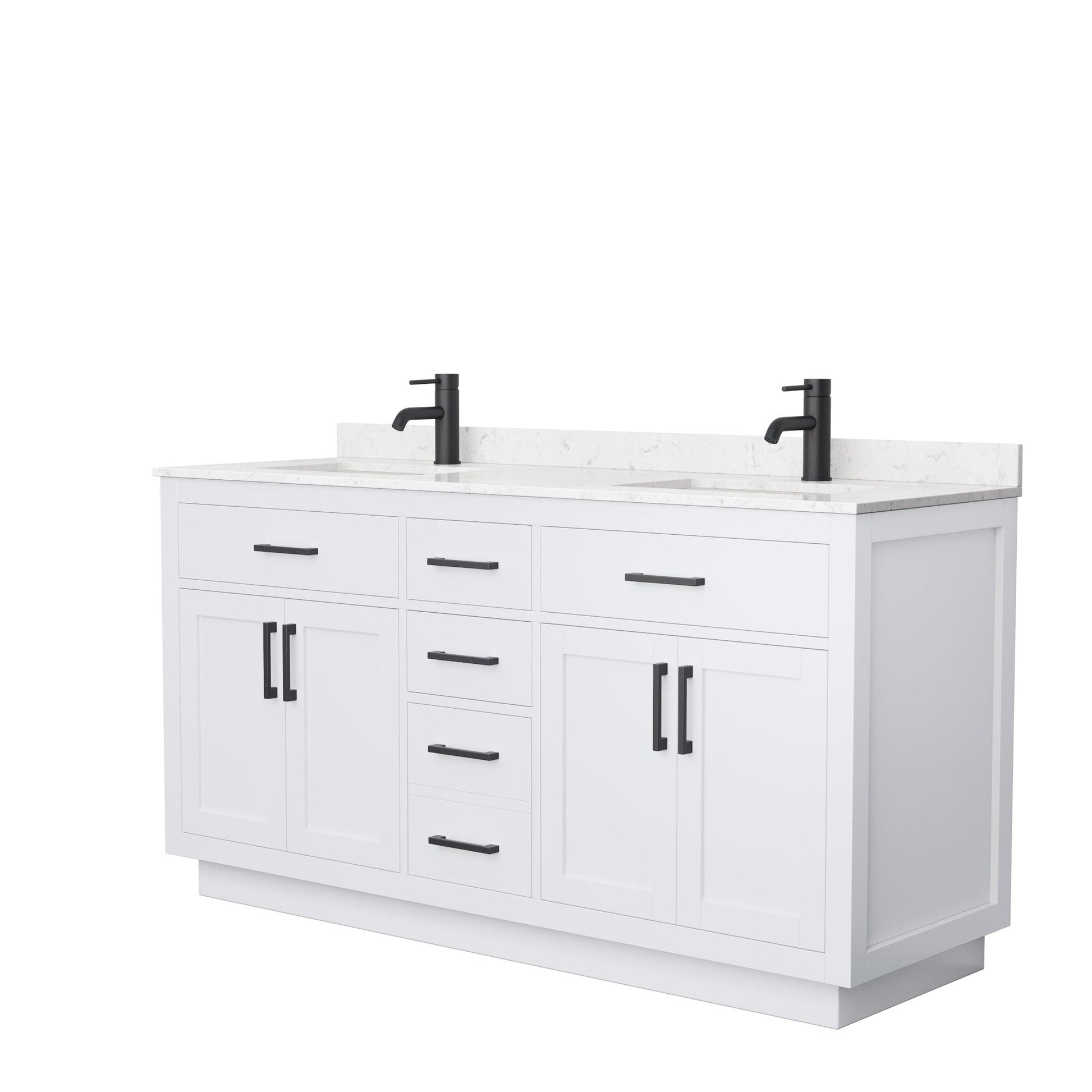 Wyndham Collection Beckett 66" Double Bathroom Vanity With Toe Kick in White, Carrara Cultured Marble Countertop, Undermount Square Sinks, Matte Black Trim
